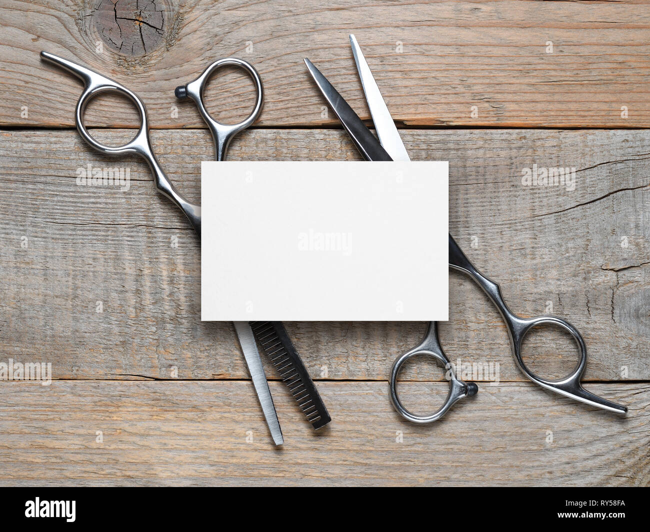 Vintage Hairdressing Scissors And Blank Business Card On Wooden Table Stock Photo Alamy
