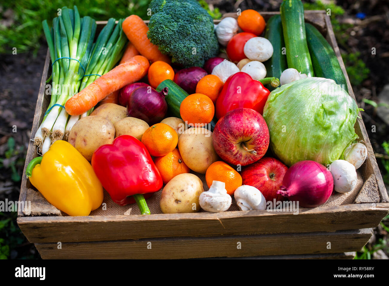 Fruit and veg in crate. A rustic vintage wooden crate filled with colourful fruit and vegetables promoting healthy fresh organic vegan food. Veganuary Stock Photo