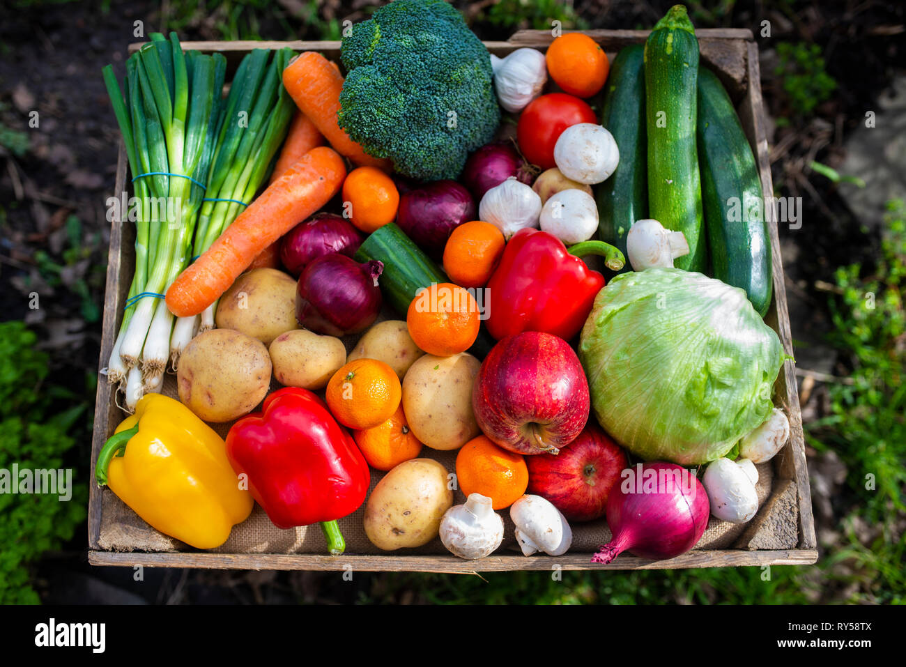 a vintage wooden crate filled with colourful fruit and vegetables promoting healthy fresh vegan food Stock Photo