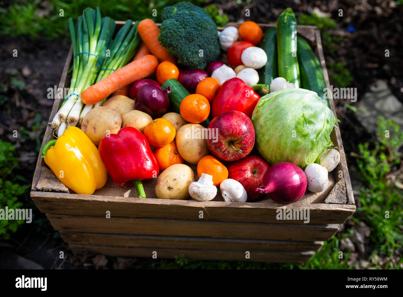 a vintage wooden crate filled with colourful fresh fruit and vegetables to promote healthy vegan living Stock Photo