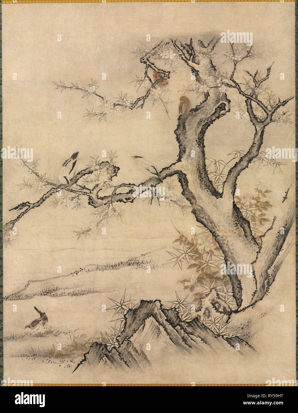 Flowers and Birds in a Spring Landscape, 1500s. Attributed to Kano Motonobu (Japanese, c. 1476-1559). Fusuma panel mounted as a hanging scroll; ink and color on paper Stock Photo