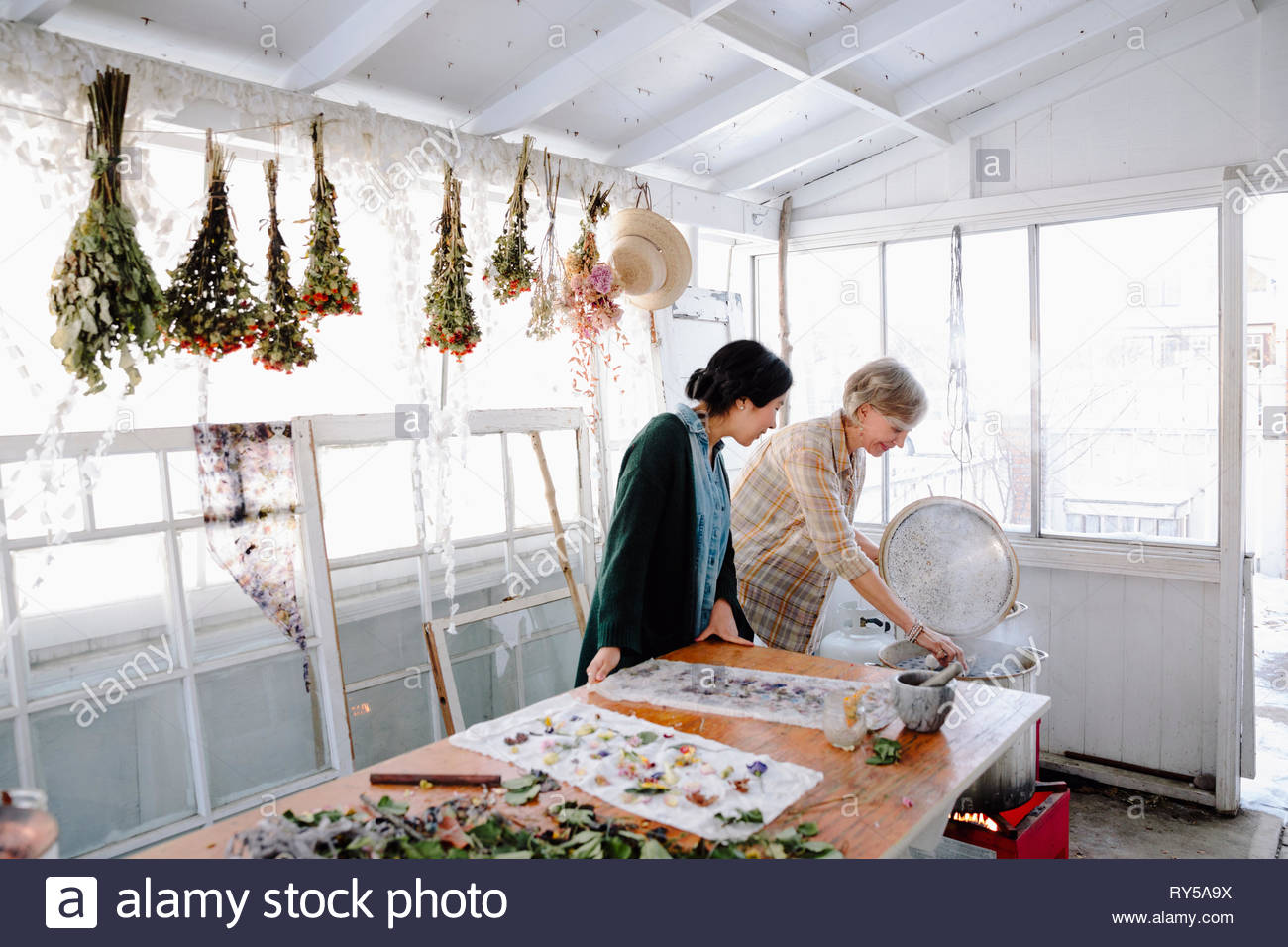 Female artists drying flowers for paper making Stock Photo Alamy
