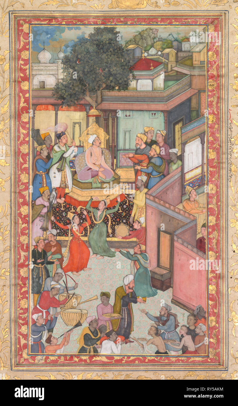 Circumcision ceremony for Akbar’s sons, painting 126 from an Akbar-nama (Book of Akbar) of Abu’l Fazl (Indian, 1551–1602), c. 1602-3. Attributed to Dharam Das (Indian, active c. 1580–1605). Opaque watercolor, ink and gold on paper; image: 22.9 x 12.1 cm (9 x 4 3/4 in.); sheet with border: 34.7 x 22.5 cm (13 11/16 x 8 7/8 in Stock Photo