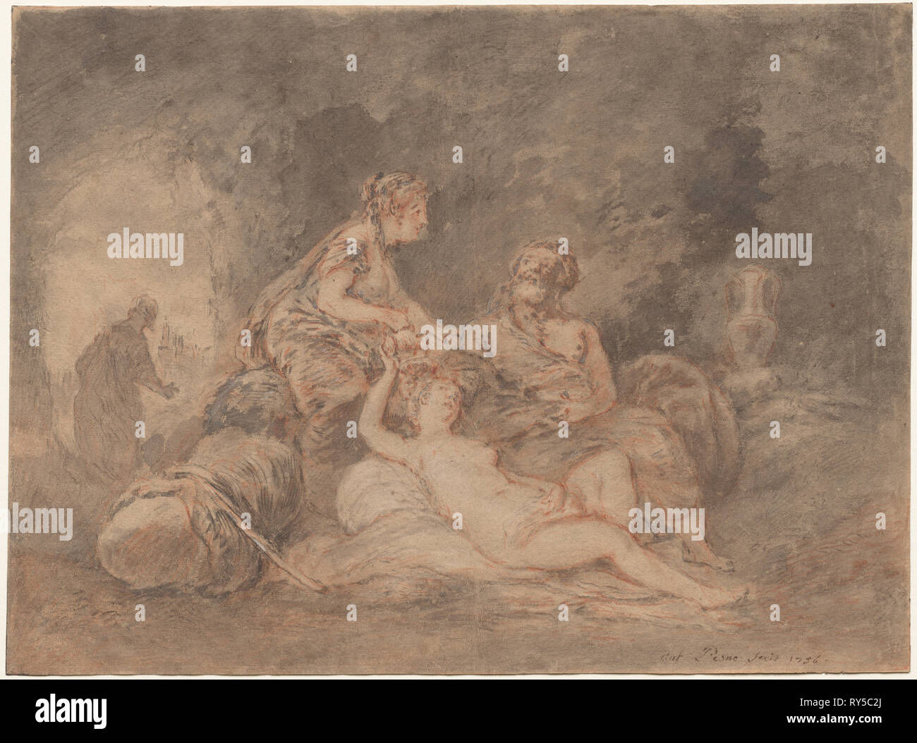 Lot and His Daughters, 1756. Antoine Pesne (French, 1683-1757). Black and red chalk wash, gray wash, heightened with white gouache; framing lines in black ink; sheet: 33.4 x 45.1 cm (13 1/8 x 17 3/4 in Stock Photo