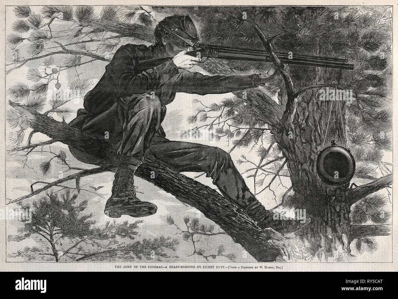 A Sharpshooter on Picket Duty. Winslow Homer (American, 1836-1910). Wood engraving Stock Photo