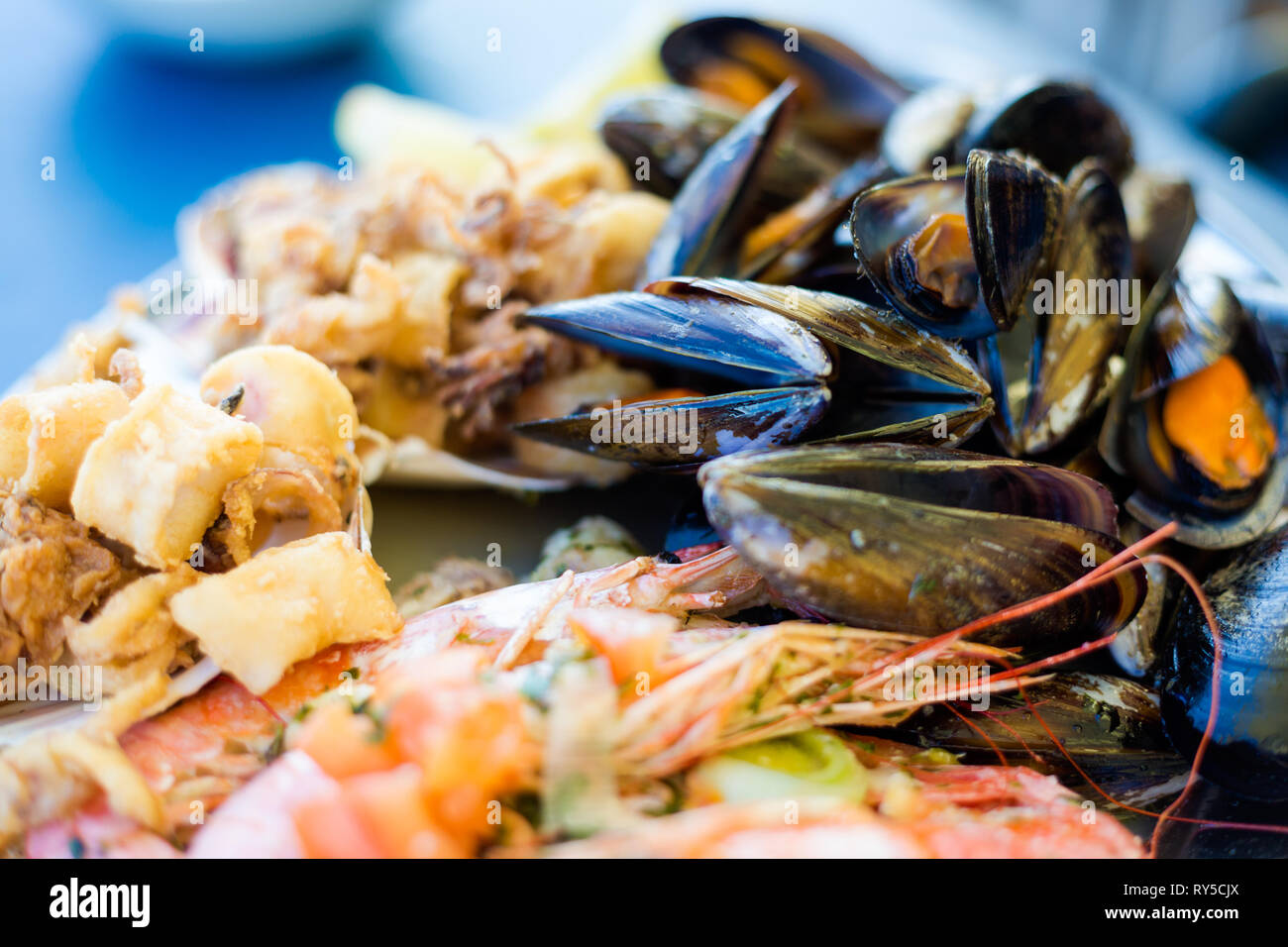 Traditional maltese fish and seafood platter set mix of calamari rings