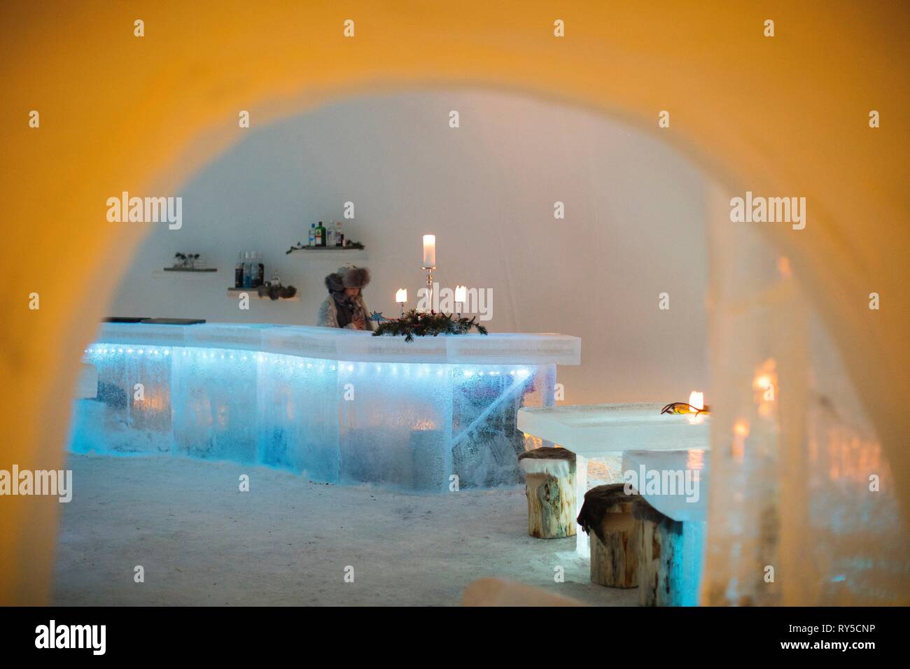 Finland, Lapland province, Inari, Saariselka Nothern Light Village, ice bar Stock Photo