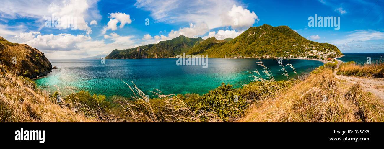 Dominica, panoramic view of Scotts Head Bay from Cachacrou Peninsula Stock Photo