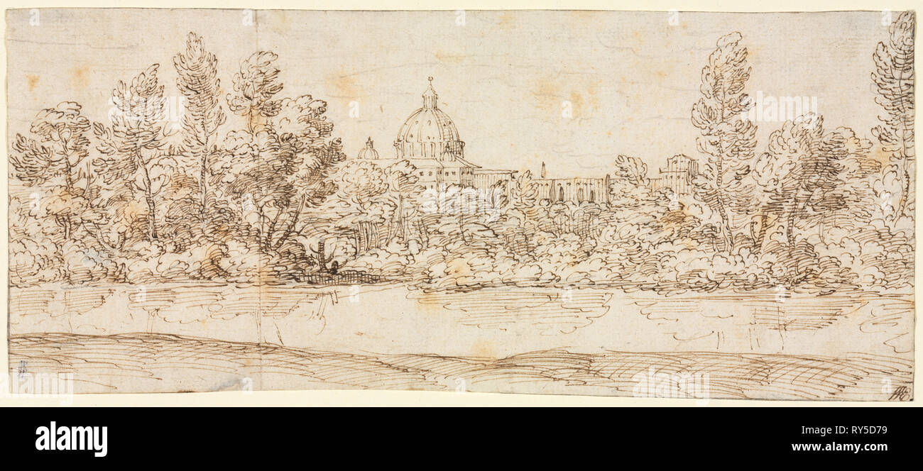 River Landscape with View of St. Peter's Basilica, after 1660. Circle of Giovanni Francesco Grimaldi (Italian, 1606-1680). Pen and brown ink over black chalk; framing lines in graphite; sheet: 11.4 x 26.5 cm (4 1/2 x 10 7/16 in Stock Photo