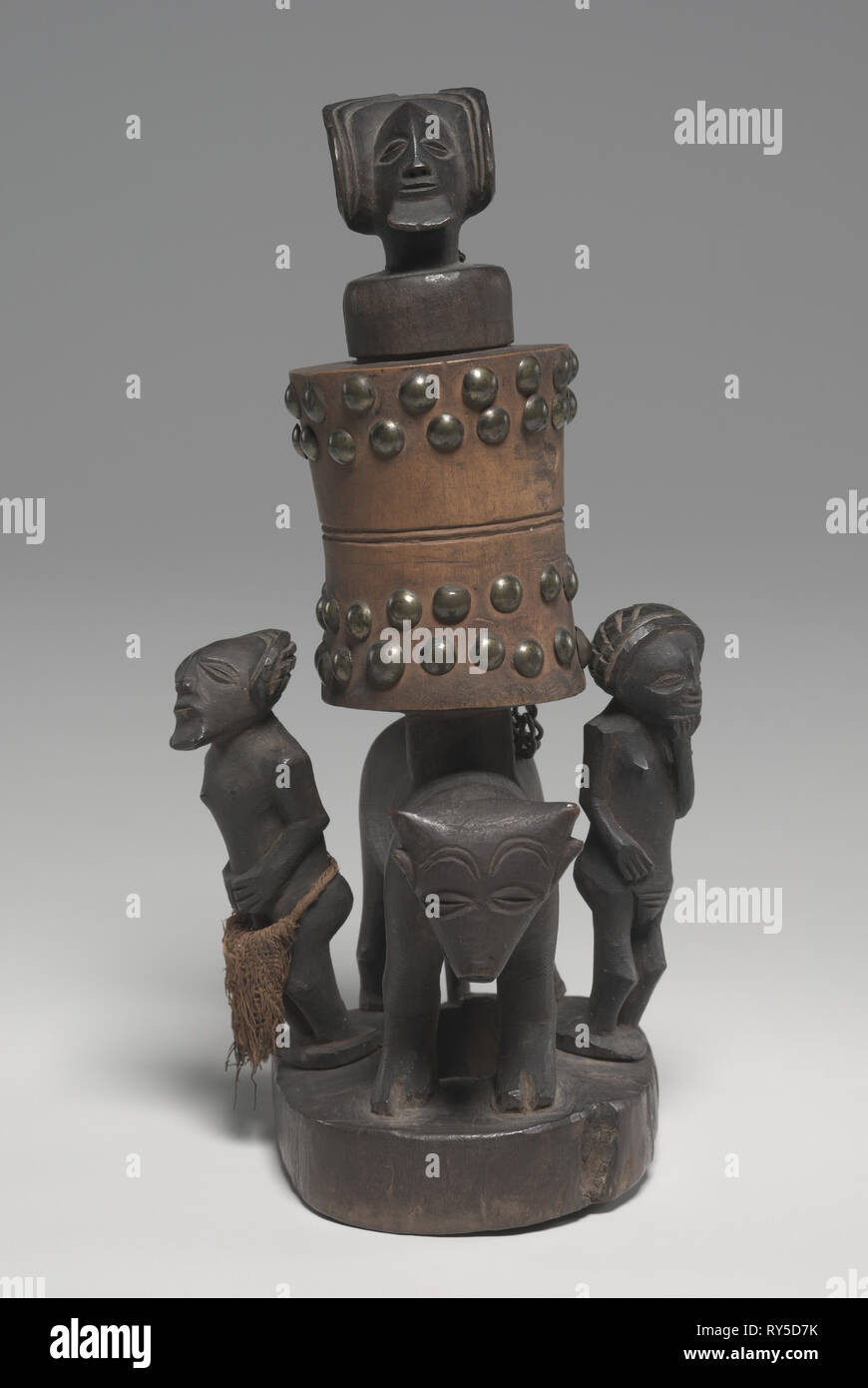 Mortar, late 1800s. Central Africa, Democratic Republic of the Congo or Angola, Chokwe, late 19th century. Wood, metal, fiber; overall: 22.5 x 8.4 x 13.8 cm (8 7/8 x 3 5/16 x 5 7/16 in Stock Photo