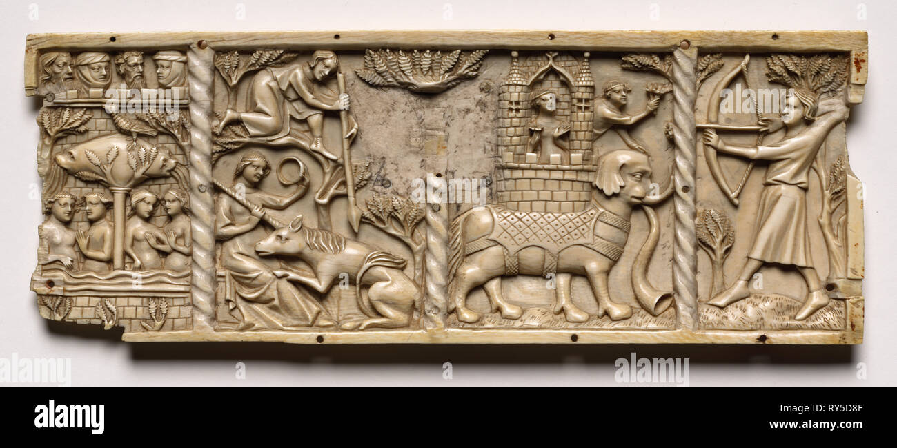 Panel from a Casket with Scenes from Courtly Romances, 1330-1350 or later. France, Lorraine?, Gothic period, 14th century. Ivory; overall: 9.8 x 25.9 x 1 cm (3 7/8 x 10 3/16 x 3/8 in Stock Photo