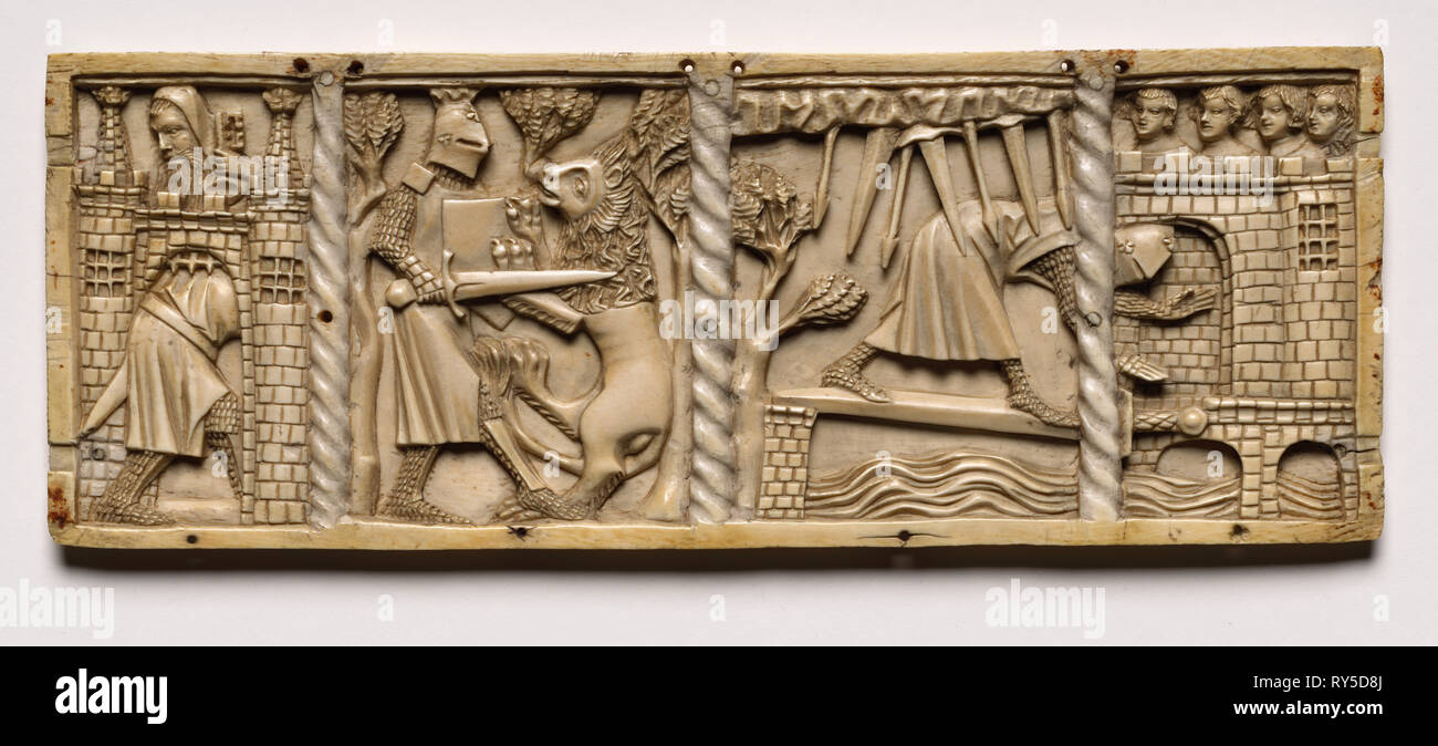Panel from a Casket with Scenes from Courtly Romances, 1330. France, Lorraine?, Gothic period, 14th century. Ivory; overall: 9.7 x 25.9 x 0.8 cm (3 13/16 x 10 3/16 x 5/16 in Stock Photo