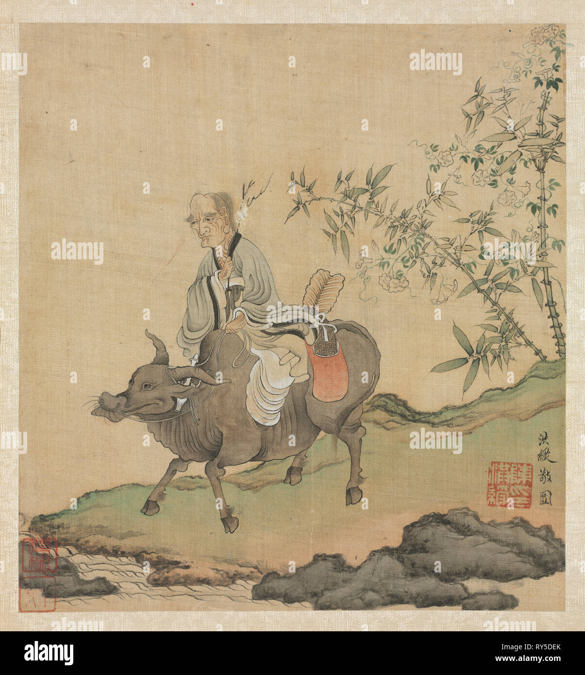Paintings after Ancient Masters: Laozi Riding an Ox, 1598-1652. Chen Hongshou (Chinese, 1598/99-1652). Album leaf, ink and color on silk; overall: 30.2 x 26.7 cm (11 7/8 x 10 1/2 in Stock Photo