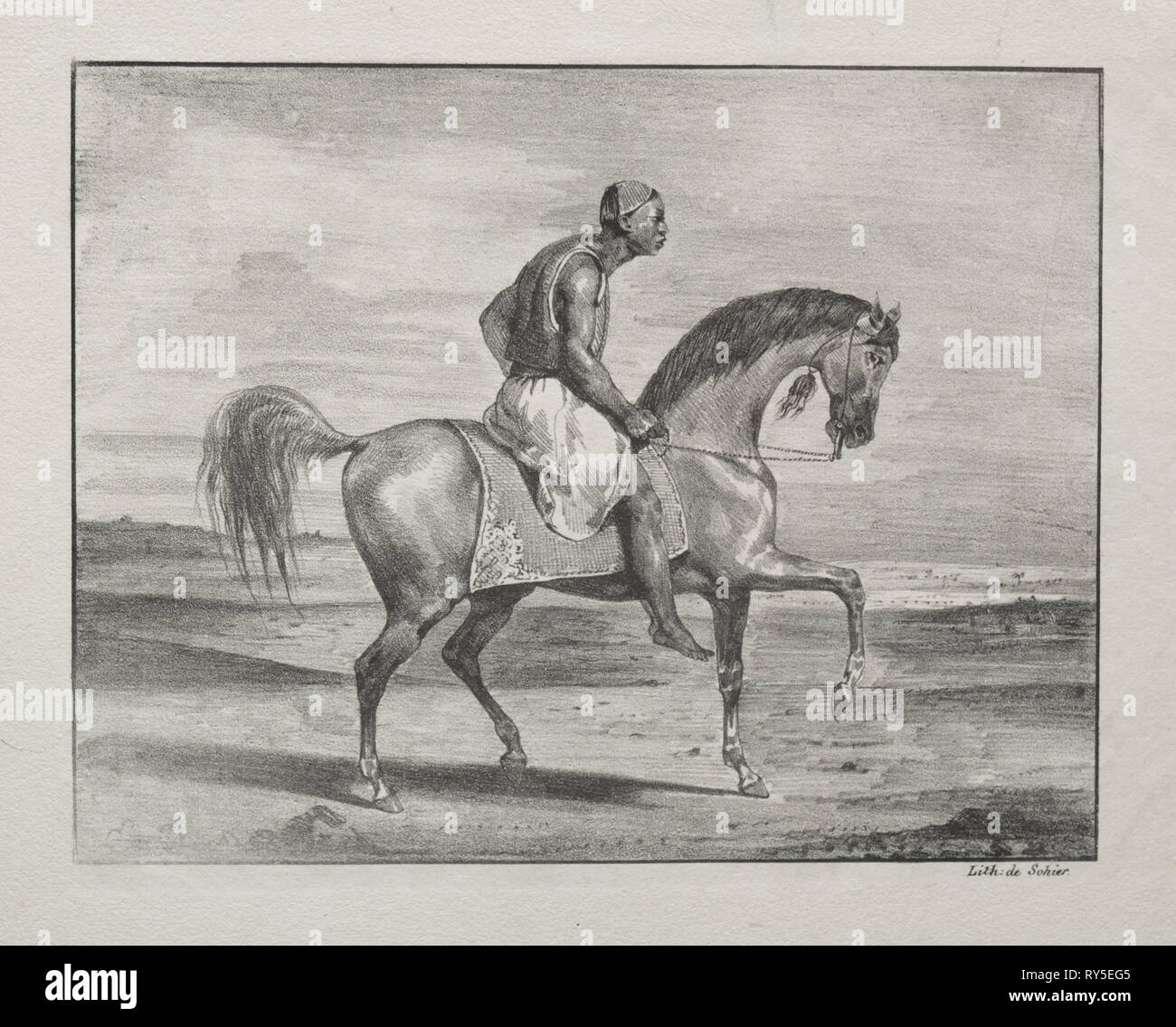 African on Horseback, 1823. Eugène Delacroix (French, 1798-1863). Lithograph; sheet: 25.5 x 29.1 cm (10 1/16 x 11 7/16 in.); image: 16.4 x 21.1 cm (6 7/16 x 8 5/16 in Stock Photo
