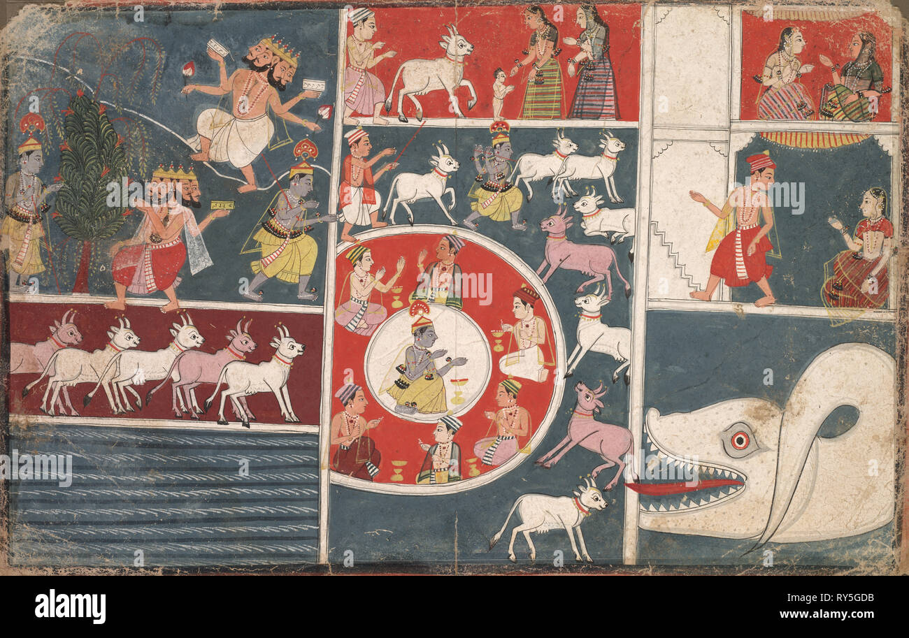 Krishna Playing the Flute and other Episodes from the Bhagavata Purana, c. 1650. India, Rajasthan, Malwa school, 17th century. Ink and color on paper; overall: 21 x 33.5 cm (8 1/4 x 13 3/16 in Stock Photo