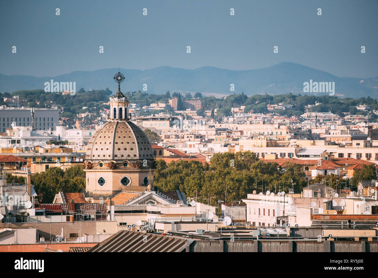 Rome, Italy. Cupola Of San Gioacchino Ai Prati Castello Church And Cityscape Of Town Stock Photo