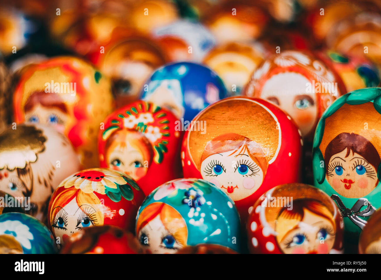 Colorful Russian Nesting Dolls Matreshka At Market. Matrioshka Babushka