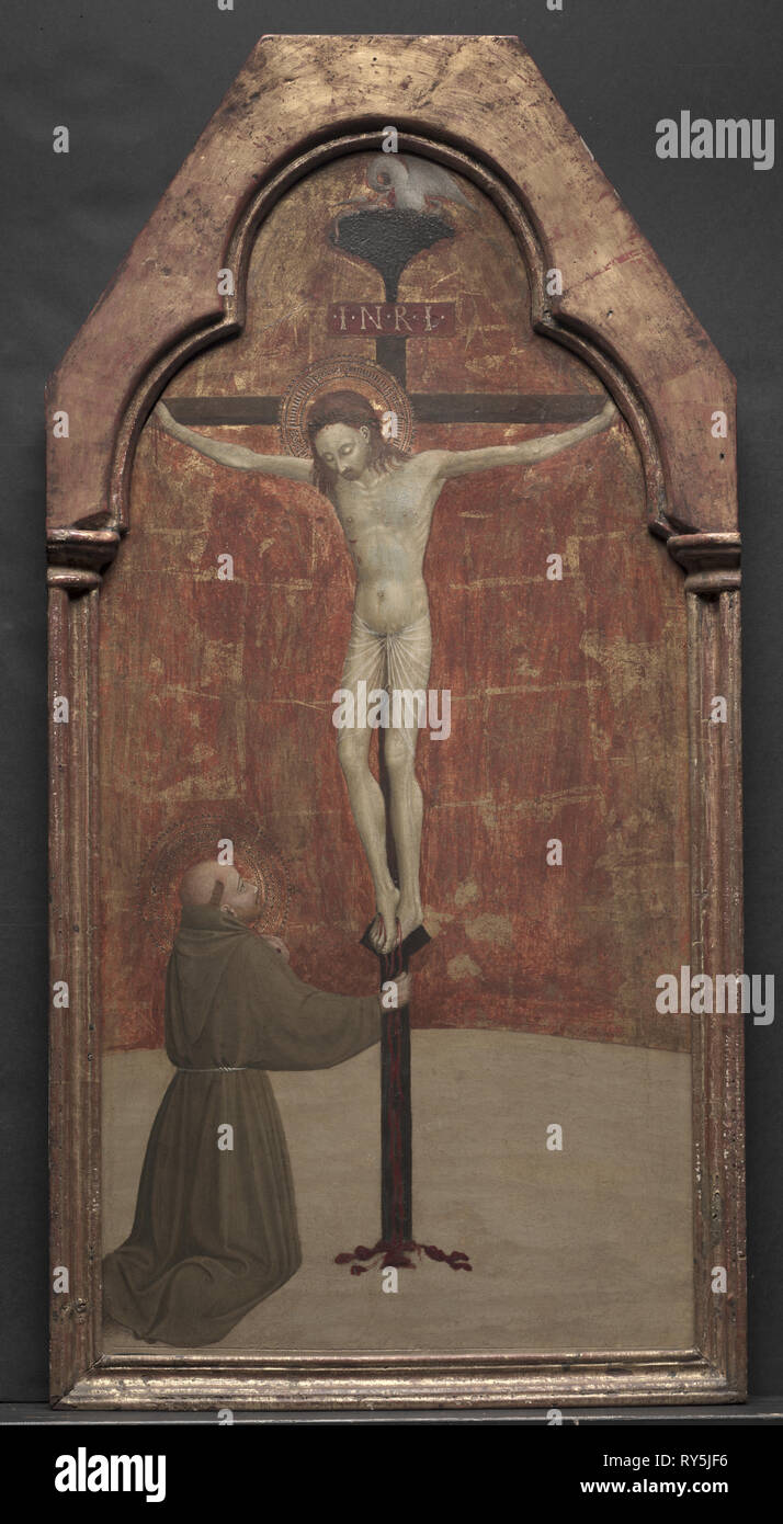 St. Francis Kneeling before Christ on the Cross, 1437-1444. Sassetta (Italian, 1392-1450). Tempera and gold on wood; framed: 91 x 46.5 x 4.5 cm (35 13/16 x 18 5/16 x 1 3/4 in.); unframed: 81 x 40.2 cm (31 7/8 x 15 13/16 in Stock Photo