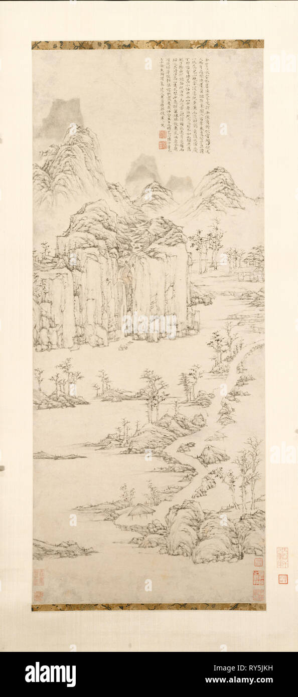 Daoist Retreat in Mountain and Stream (Landscape after Ni Zan [1301-1374]), 1567. Lu Zhi (Chinese, 1496-1576). Hanging scroll, ink on paper; overall: 109.1 x 45.8 cm (42 15/16 x 18 1/16 in Stock Photo