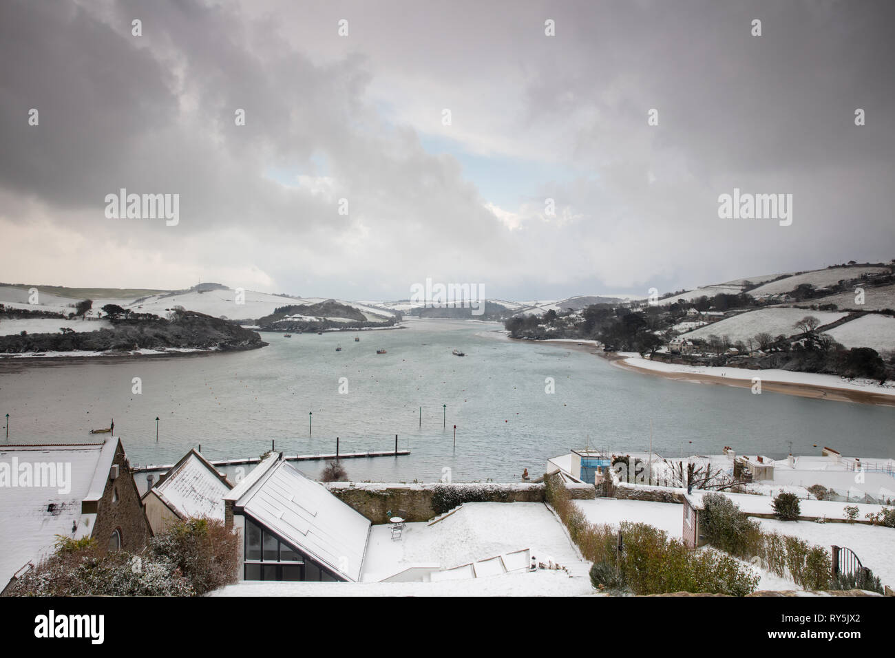 Salcombe in the snow. The beast from the east hit South Devon in 2018 and made for some beautiful images. Stock Photo
