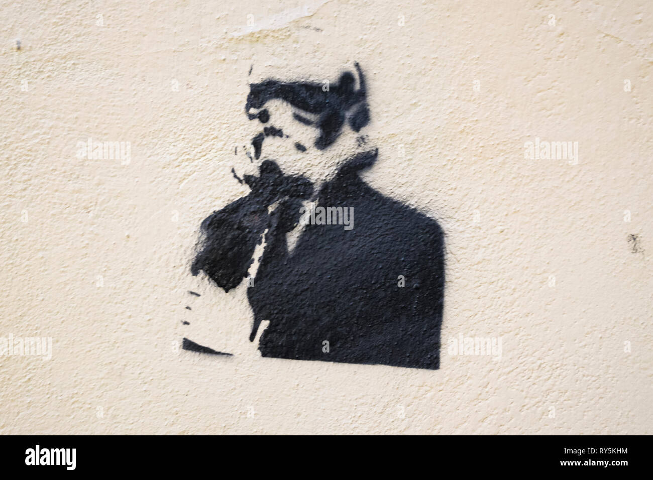 A funny alteration to a Star Wars Storm Trooper, stenciled on a wall in Florence, Italy Stock Photo