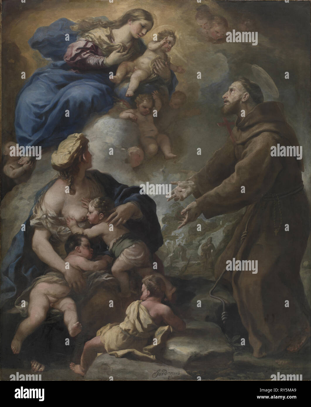 The Virgin and Child Appearing to Saint Francis of Assisi, 1680s. Luca Giordano (Italian, 1634-1705). Oil on canvas; framed: 273 x 229 x 10 cm (107 1/2 x 90 3/16 x 3 15/16 in.); unframed: 239.4 x 195.7 cm (94 1/4 x 77 1/16 in Stock Photo