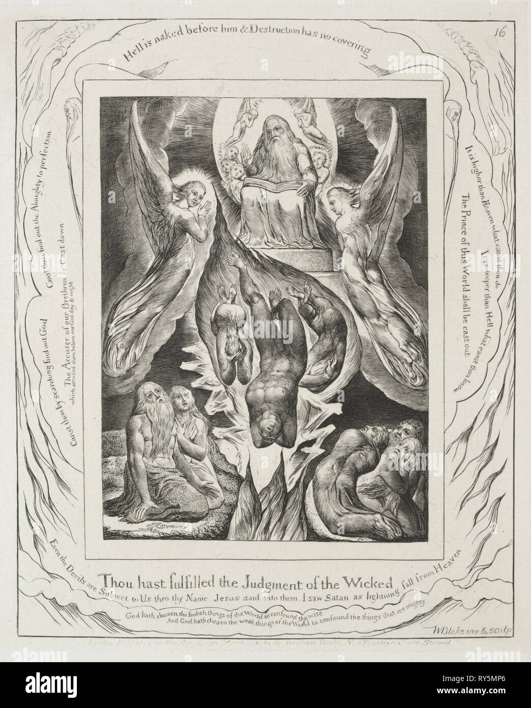 The Book of Job:  Pl. 16, Thou hast fulfilled the judgment of the wicked, 1825. William Blake (British, 1757-1827). Engraving Stock Photo