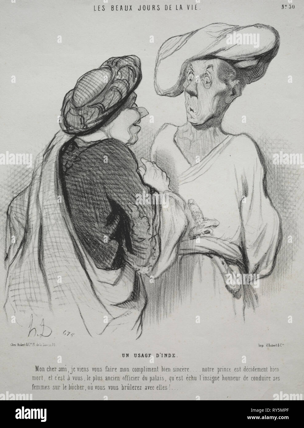 published in le Charivari (no du 9 novembre 1844): The Beautiful Days of Life, plate 30: An Indian Custom, 1844. Honoré Daumier (French, 1808-1879), Aubert. Lithograph; sheet: 31.8 x 22.9 cm (12 1/2 x 9 in Stock Photo