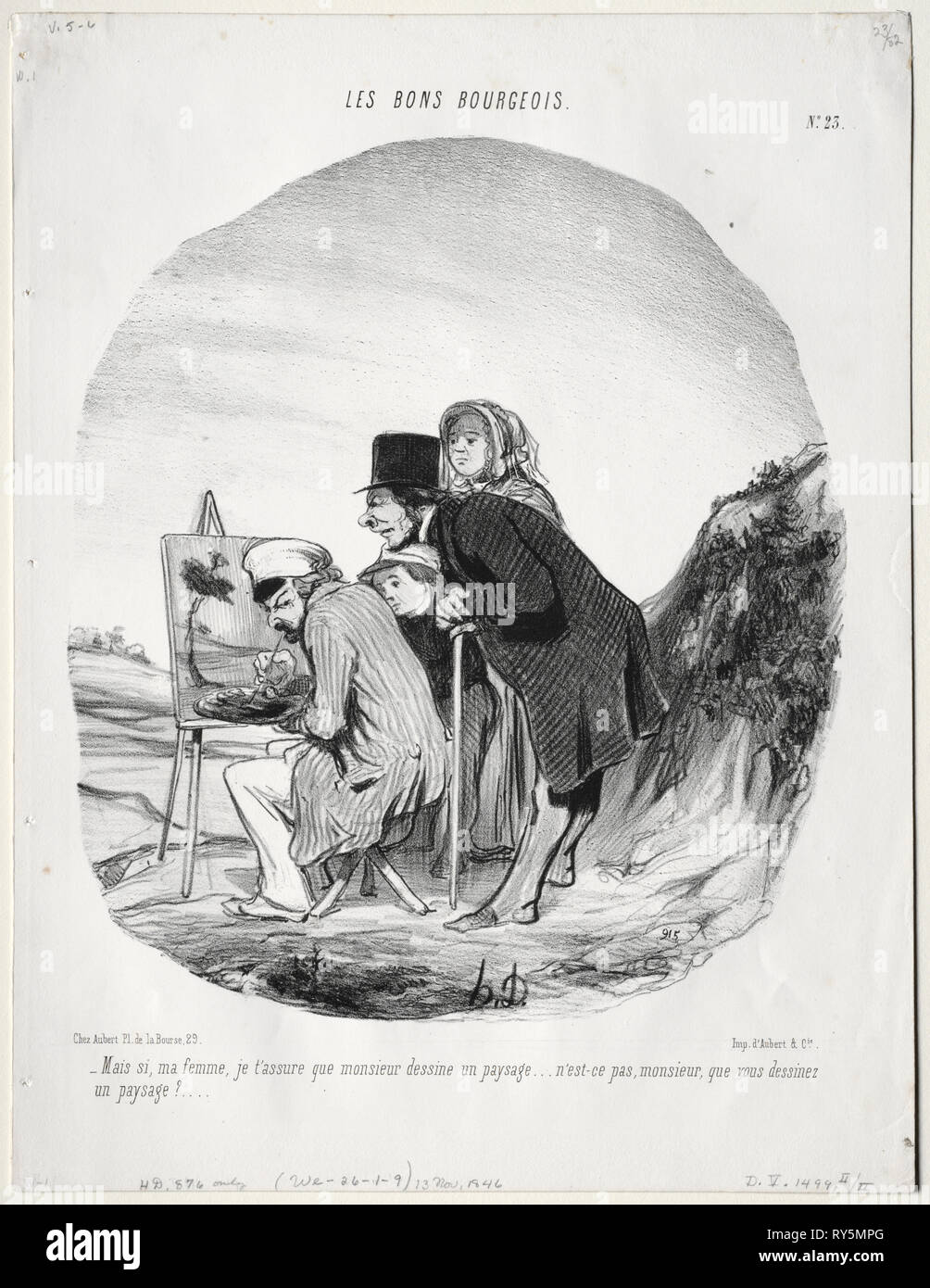 The Good Bourgeois, Plate 23: 'But yes, my dear, I assure you that this gentleman is drawing a landscape...is it not so, sir, that you are drawing a landscape?' (Les bons bourgeios, planche 23: Mais si, ma femme...monsieur dessine un paysage..), 1846. Honoré Daumier (French, 1808-1879). Lithograph; sheet: 34 x 26.1 cm (13 3/8 x 10 1/4 in Stock Photo