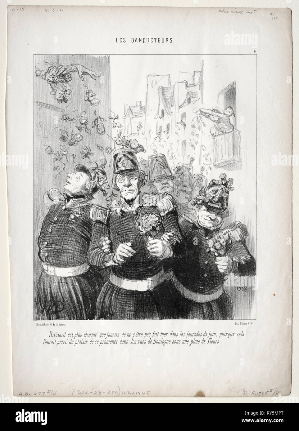 published in le Charivari (11 January 1849): The Banqueters, plate 4: Rifolard is more charming than ever..., 1848. Honoré Daumier (French, 1808-1879). Lithograph; sheet: 35.8 x 25.6 cm (14 1/8 x 10 1/16 in.); image: 24.3 x 20.4 cm (9 9/16 x 8 1/16 in Stock Photo