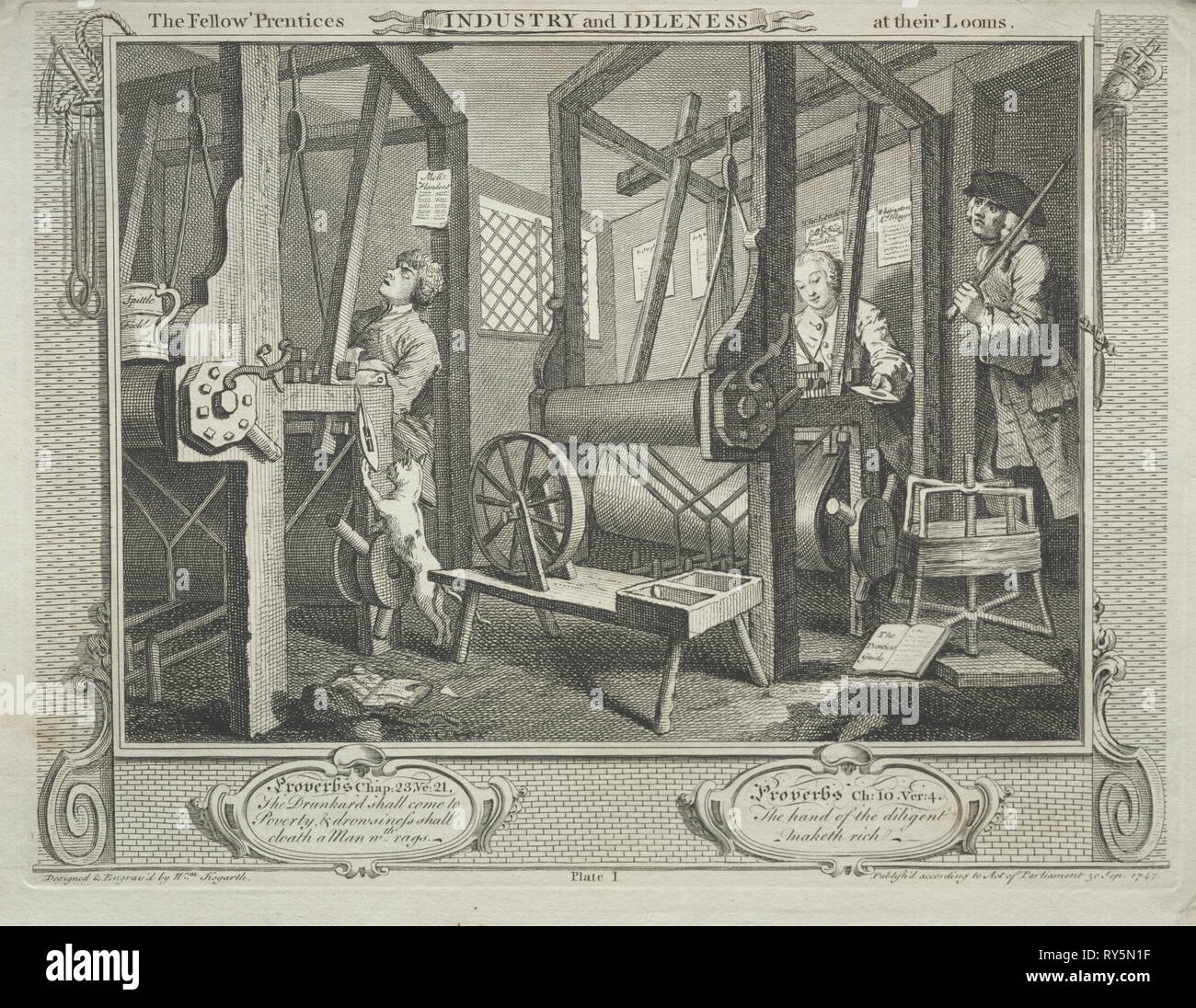 Industry and Idleness: The Fellow Prentices at their Looms, 1747. William Hogarth (British, 1697-1764). Etching Stock Photo