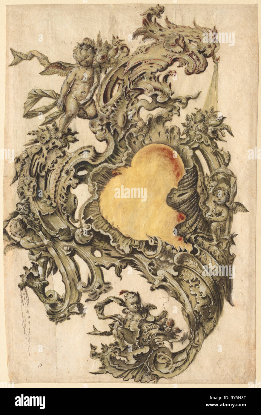 Cartouche with Putti, second half 1700s. Franz Xaver Habermann (German). Pen and black ink and brush and gray, black, green, yellow, and red wash, heightened with white gouache; sheet: 38.7 x 25.8 cm (15 1/4 x 10 3/16 in.); secondary support: 46.6 x 35.5 cm (18 3/8 x 14 in Stock Photo