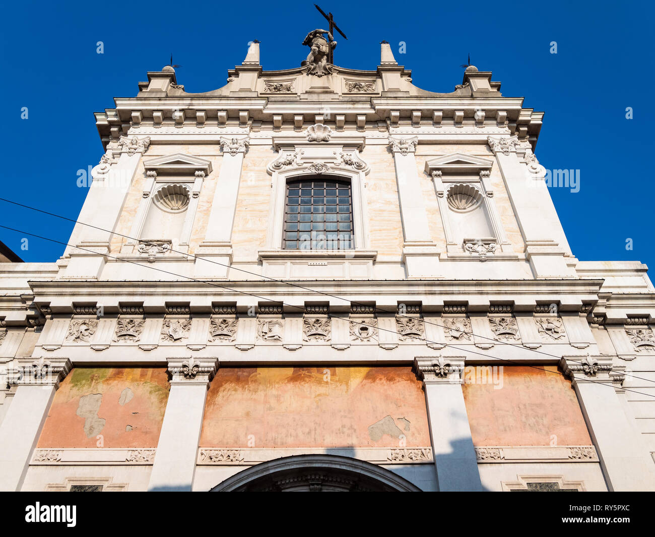 Travel to Italy - facade of church Chiesa di Sant Alessandro della Croce in Lower town of Bergamo city, Lombardy Stock Photo