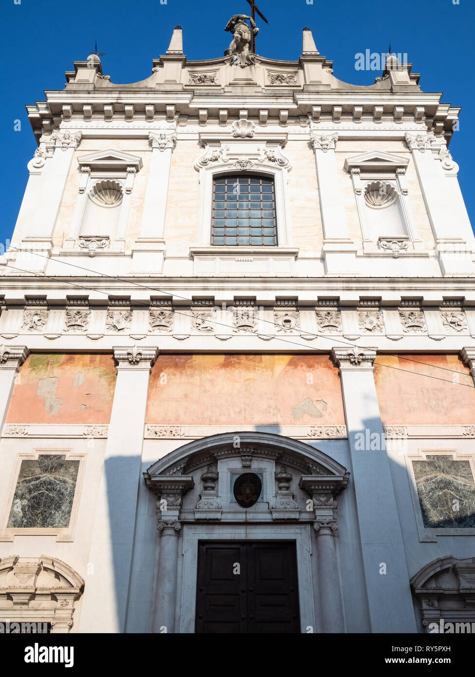 Travel to Italy - front view of church Chiesa di Sant Alessandro della Croce in Lower town of Bergamo city, Lombardy Stock Photo