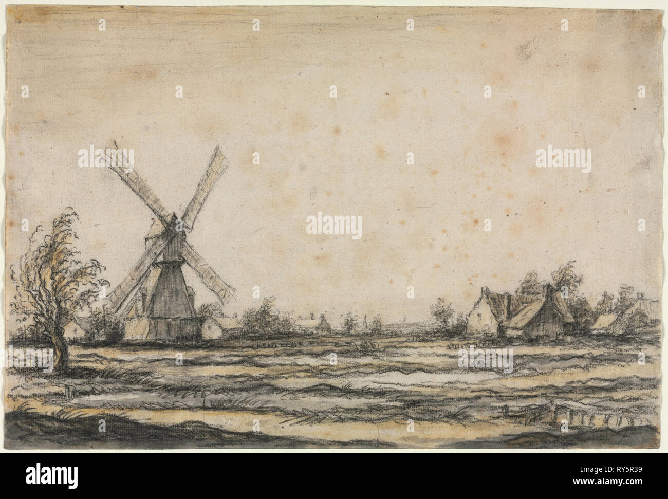 Landscape with a Windmill near a Farmstead, 1642-1644. Aelbert Cuyp (Dutch, 1620-1691). Black chalk and brush and gray wash and yellow watercolor; sheet: 20.8 x 30.8 cm (8 3/16 x 12 1/8 in Stock Photo