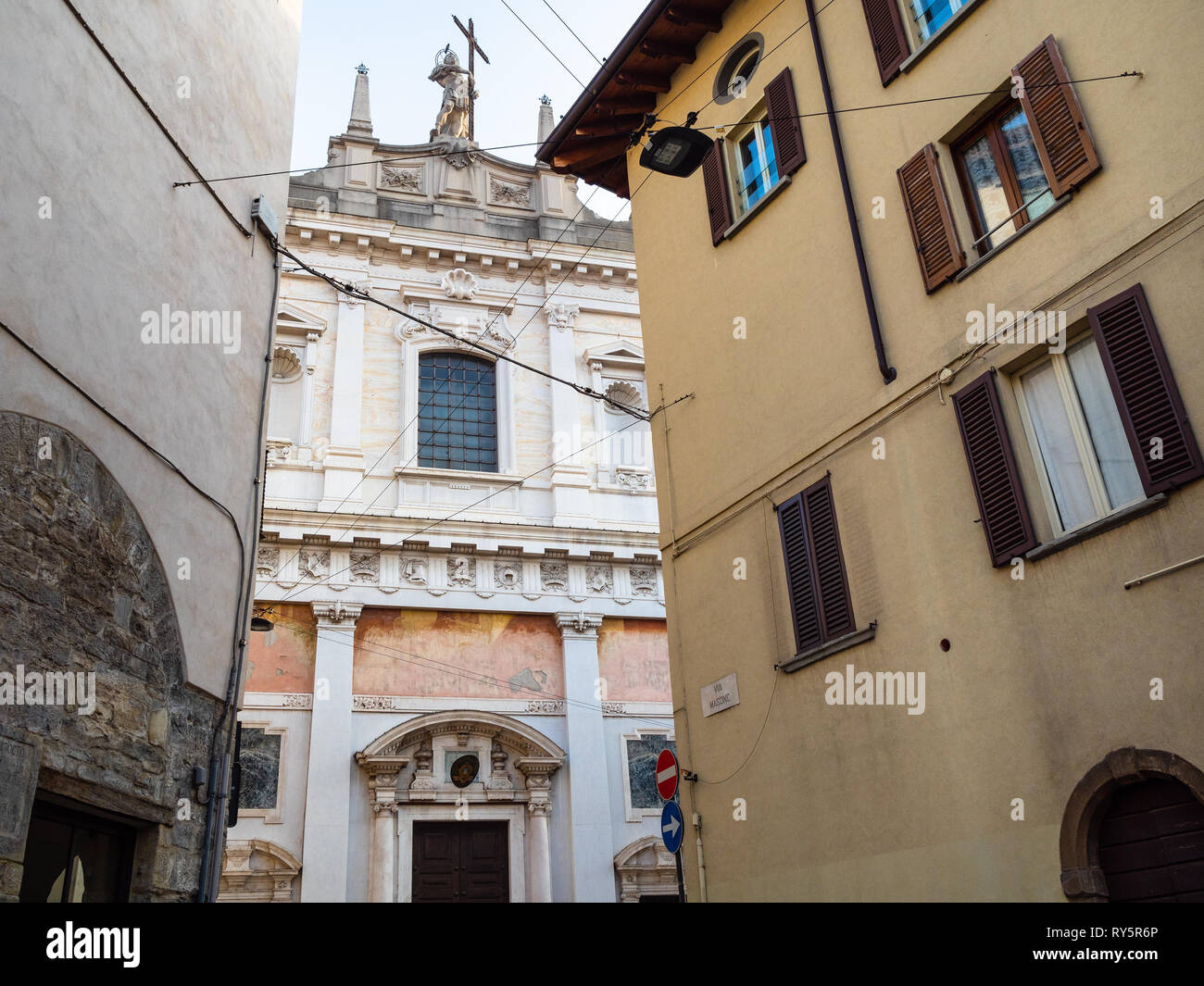 Travel to Italy - view of church Chiesa di Sant Alessandro della Croce from street via Masone in Lower town of Bergamo city, Lombardy Stock Photo
