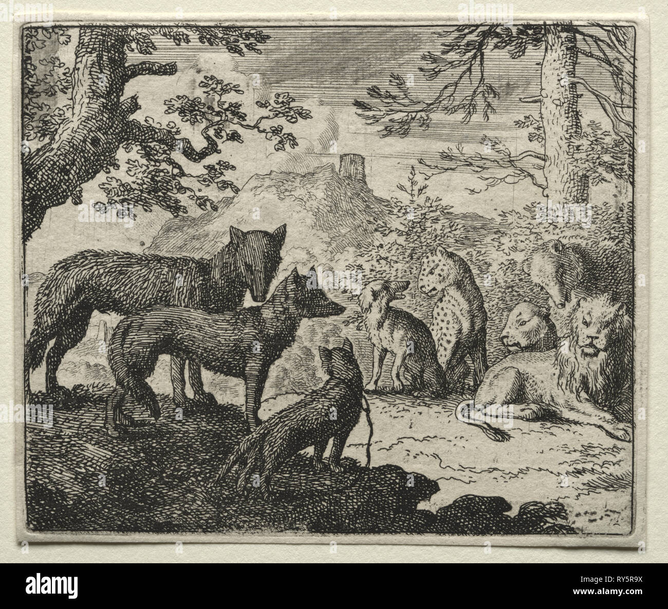 Reynard the Fox:  The Relatives of Reynard Leave Court. Allart van Everdingen (Dutch, 1621-1675). Etching Stock Photo
