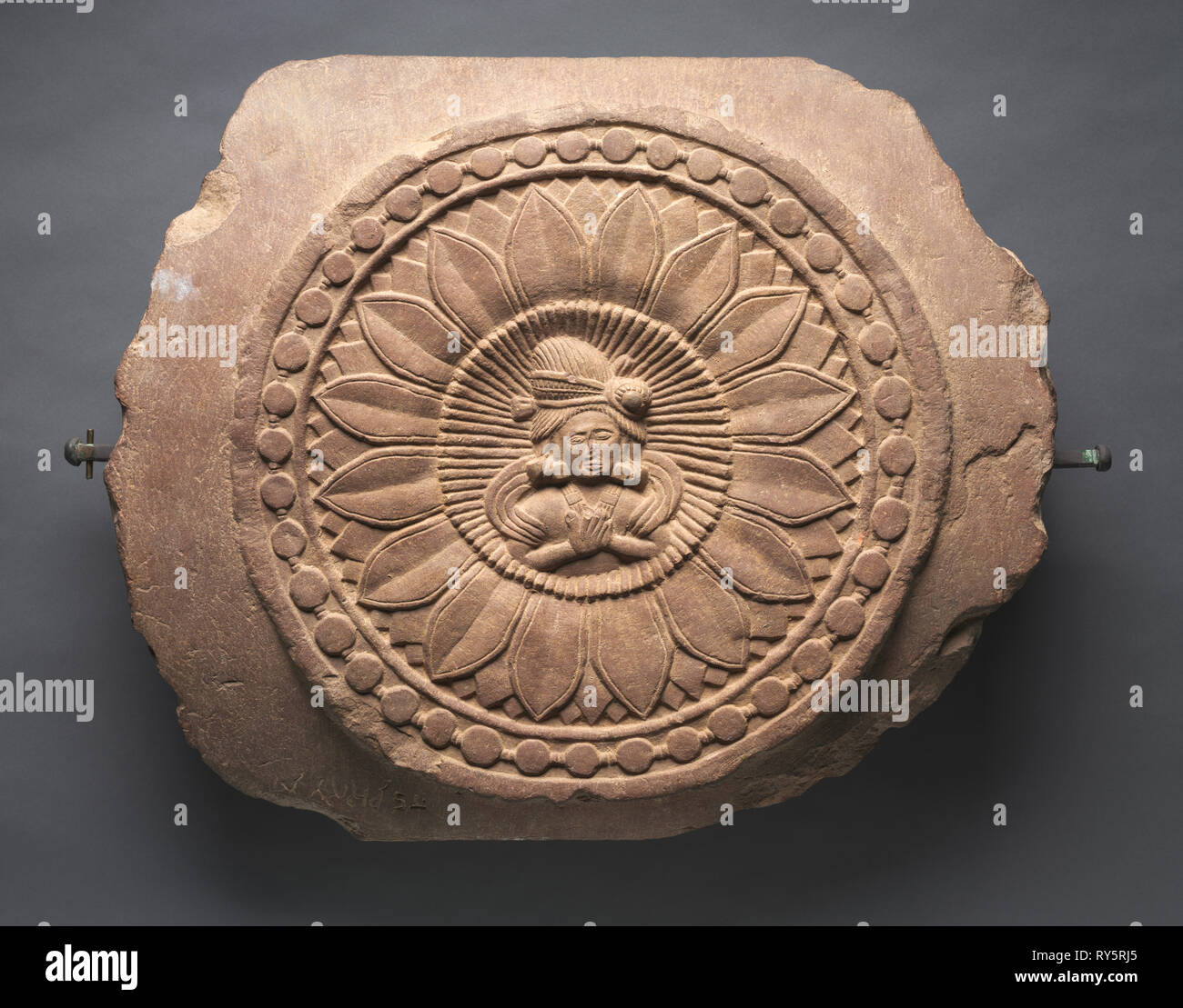 Double-Faced Crossbar from a Railing, c. 150 BC. India, Madhya Pradesh, Bharhut, Shunga Period. Plum-colored sandstone; overall: 55.9 x 66 cm (22 x 26 in Stock Photo