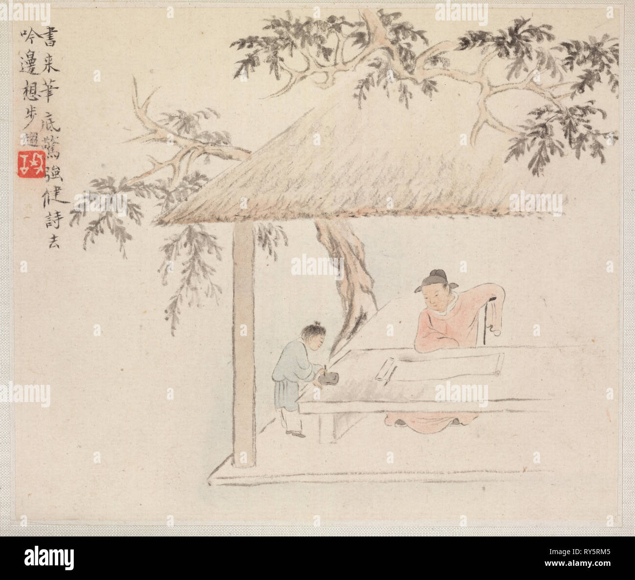 Album of Landscape Paintings Illustrating Old Poems: A Man Sits at a Table before an Open Scroll; a Boy Mixes Ink, 1700s. Hua Yan (Chinese, 1682-about 1765). Album leaf, ink and light color on paper; image: 11.2 x 13.1 cm (4 7/16 x 5 3/16 in.); album, closed: 15 x 18.5 cm (5 7/8 x 7 5/16 in Stock Photo