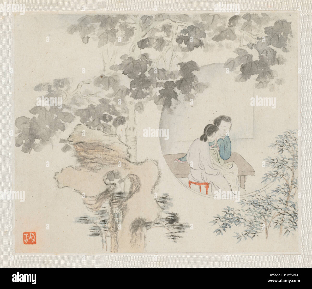 Album of Landscape Paintings Illustrating Old Poems: Two Women Sit at a Table within a Circle Visible in a Landscape, 1700s. Hua Yan (Chinese, 1682-about 1765). Album leaf, ink and light color on paper; image: 11.2 x 13.1 cm (4 7/16 x 5 3/16 in.); album, closed: 15 x 18.5 cm (5 7/8 x 7 5/16 in Stock Photo