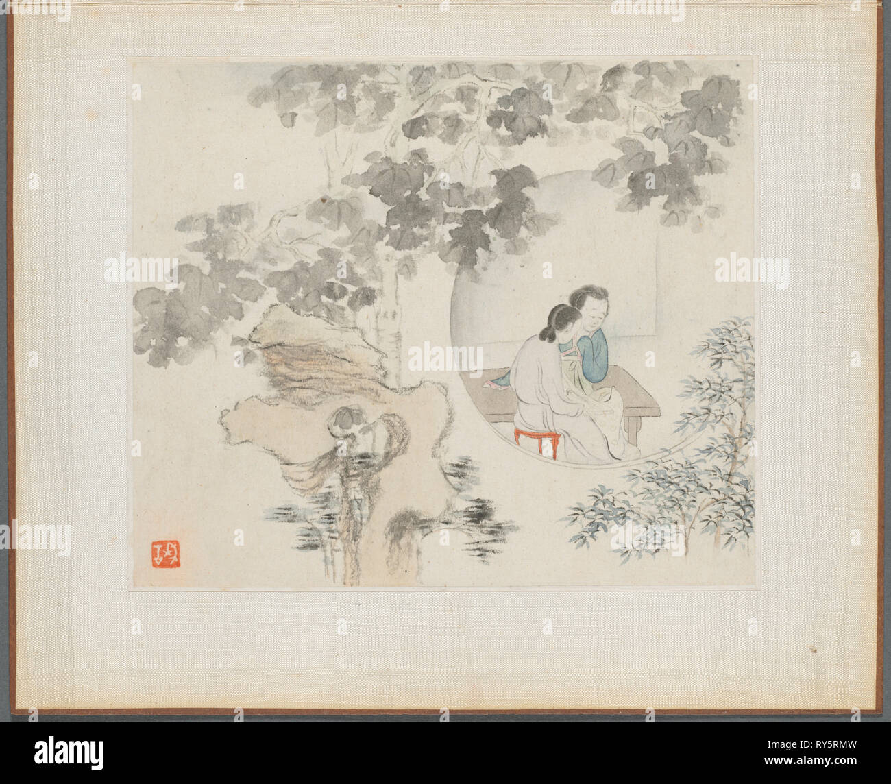 Album of Landscape Paintings Illustrating Old Poems: Two Women Sit at a Table within a Circle Visible in a Landscape, 1700s. Hua Yan (Chinese, 1682-about 1765). Album leaf, ink and light color on paper; image: 11.2 x 13.1 cm (4 7/16 x 5 3/16 in.); album, closed: 15 x 18.5 cm (5 7/8 x 7 5/16 in Stock Photo