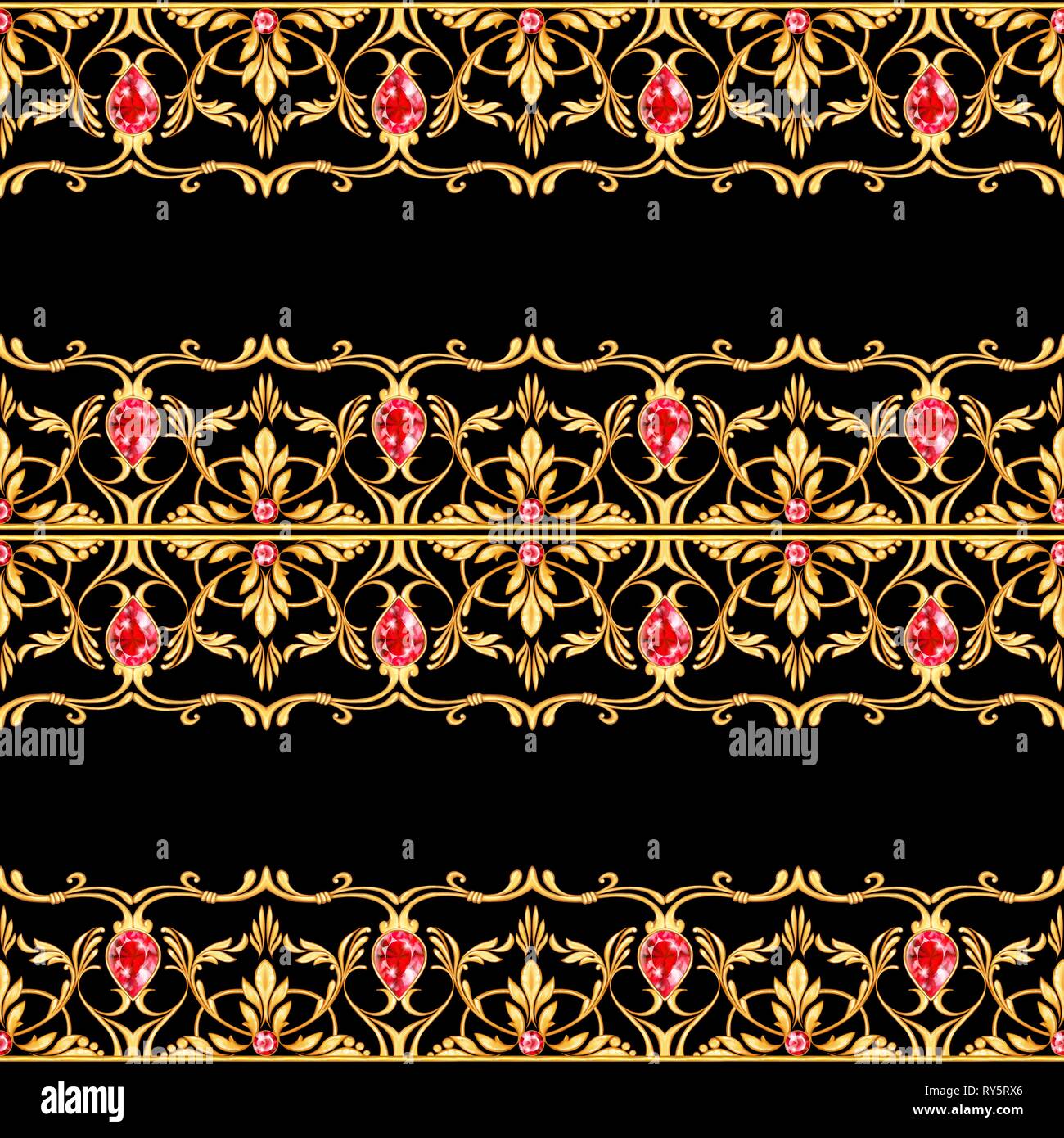 Seamless jewelry border. Golden scrolls and ruby Stock Photo