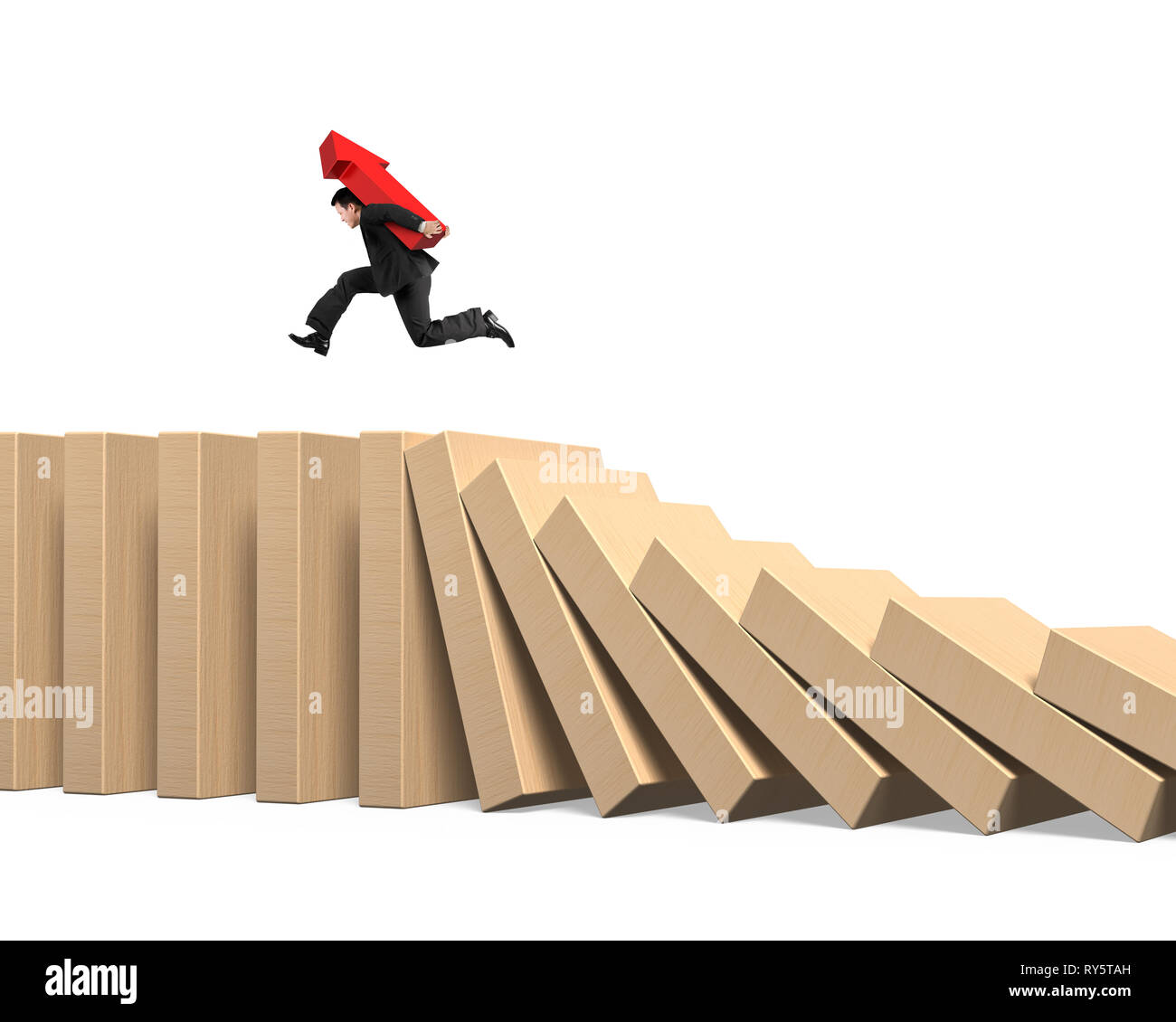 Man carrying red arrow up symbol running on falling dominoes, isolated ...