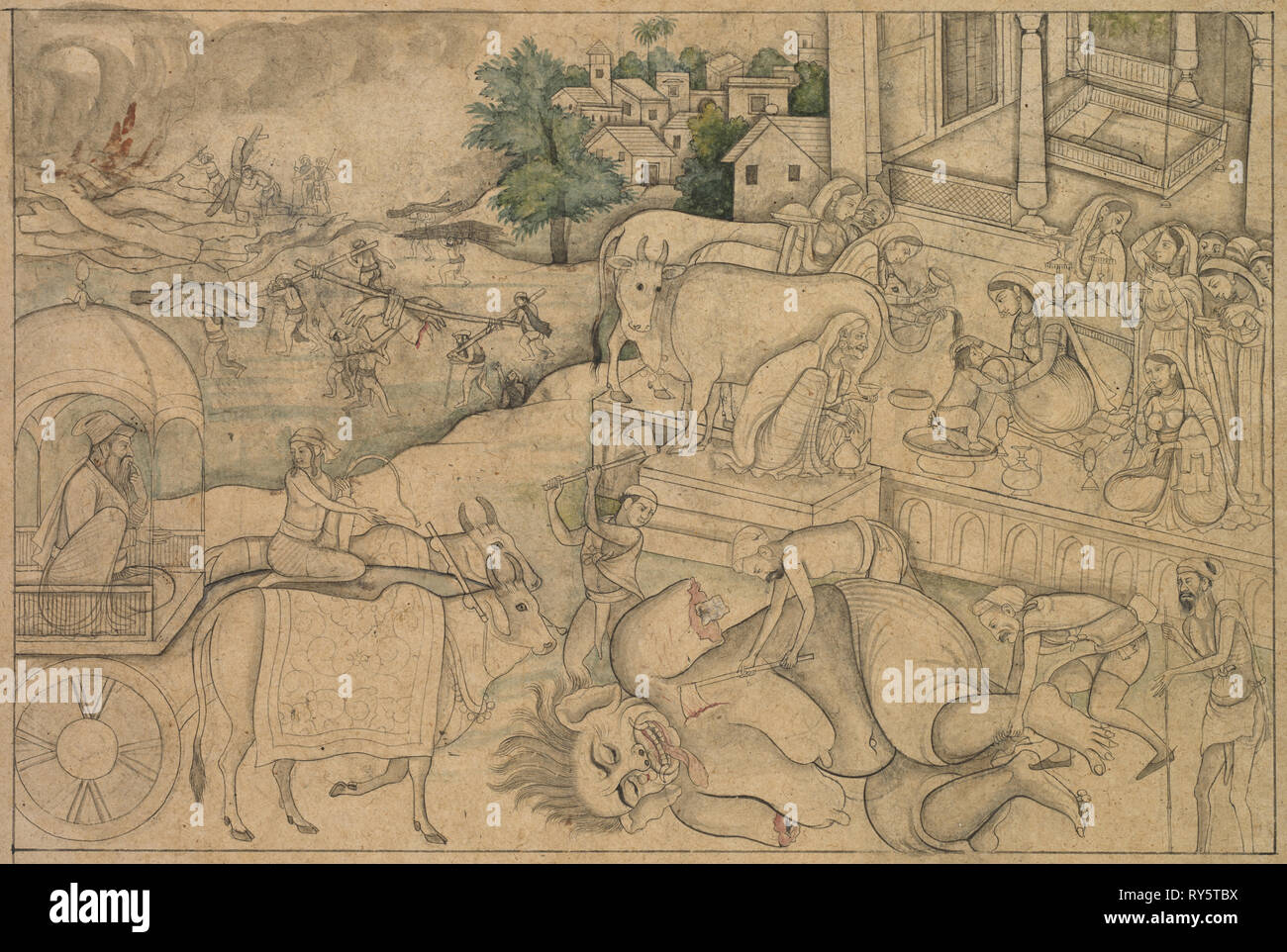 Cremation of the Demoness Putana, from a Krishna-Lila, c. 1790. Northern India, Himachal Pradesh, Kangra, 18th century. Opaque watercolor on paper; overall: 20.9 x 31.2 cm (8 1/4 x 12 5/16 in Stock Photo