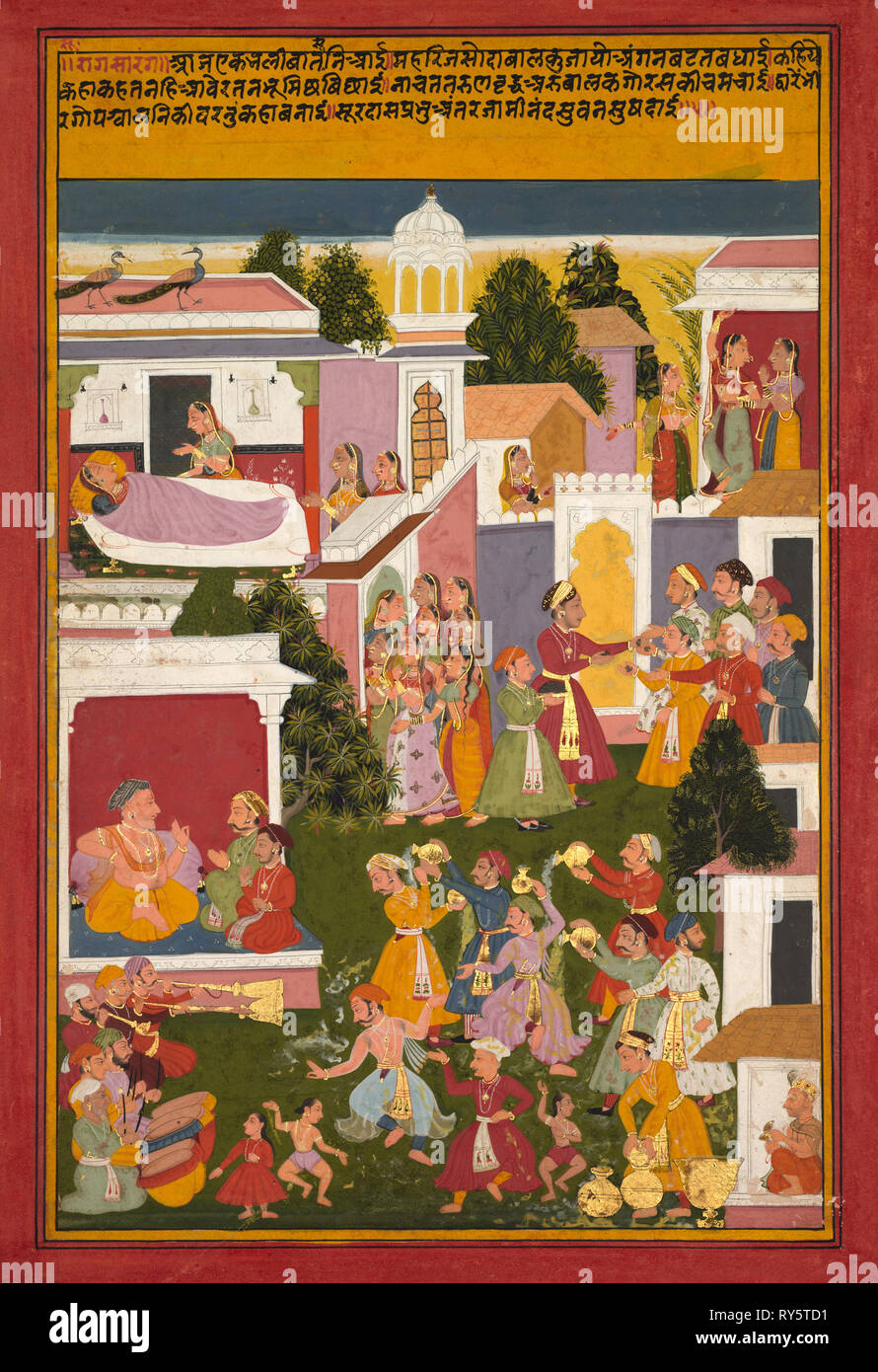 The Birth of Krishna, from a Sursagar of Surdas, c. 1700. Northwestern India, Rajasthan, Mewar school, early 18th Century. Opaque watercolor and gold on paper; image: 33.6 x 22.2 cm (13 1/4 x 8 3/4 in.); overall: 37 x 25.4 cm (14 9/16 x 10 in.); with mat: 49 x 36.3 cm (19 5/16 x 14 5/16 in Stock Photo