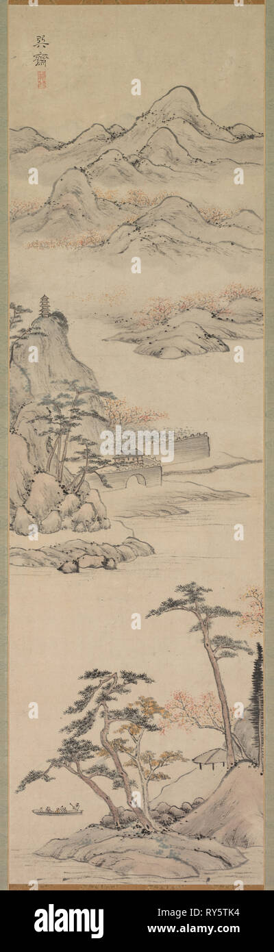 Landscape with Boaters, late 18th-early 19th century. Kenkado Kimura (Japanese, 1736-1802). Hanging scroll; ink and slight color on paper; overall: 170.2 x 45.7 cm (67 x 18 in.); painting only: 90.8 x 26.3 cm (35 3/4 x 10 3/8 in Stock Photo