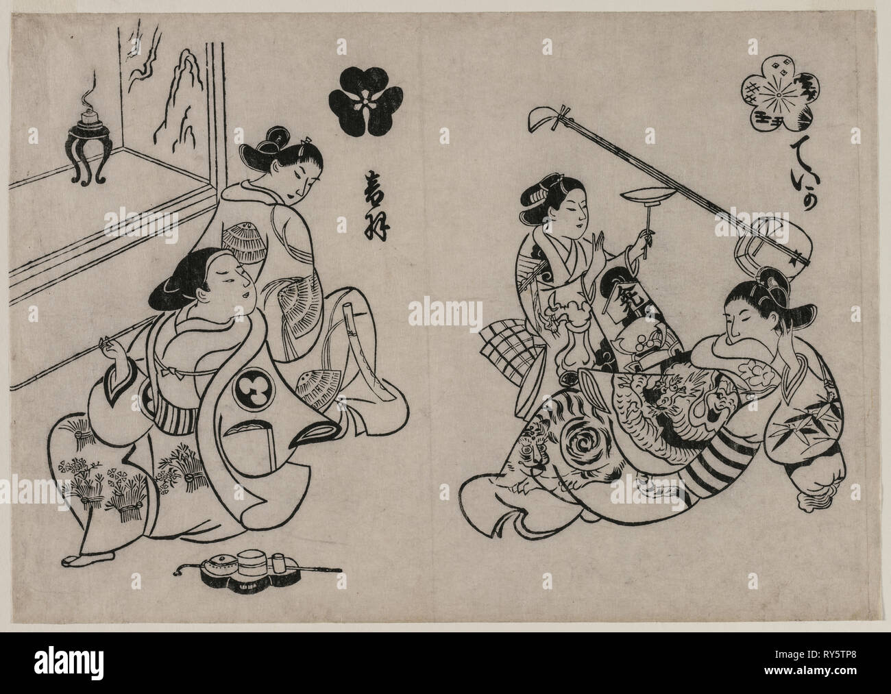 Three Courtesans with a Client. Okumura Masanobu (Japanese, 1686-1764). Color woodblock print; sheet: 26.5 x 37.7 cm (10 7/16 x 14 13/16 in Stock Photo