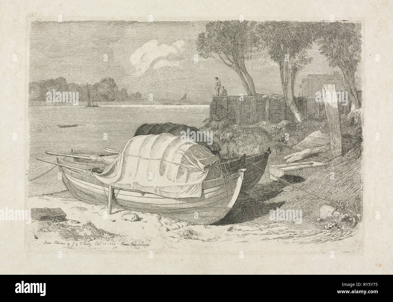Two Beached Fishing Boats, 1809. Cornelius Varley (British, 1781-1873). Etching Stock Photo