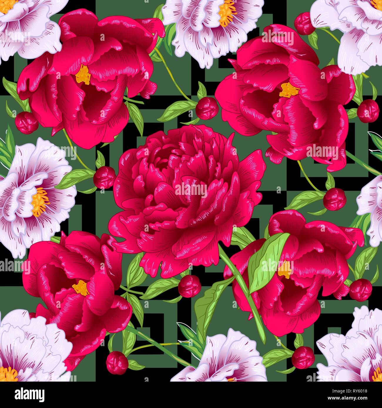 Vector red and pink peony floral botanical flowers. Engraved ink art