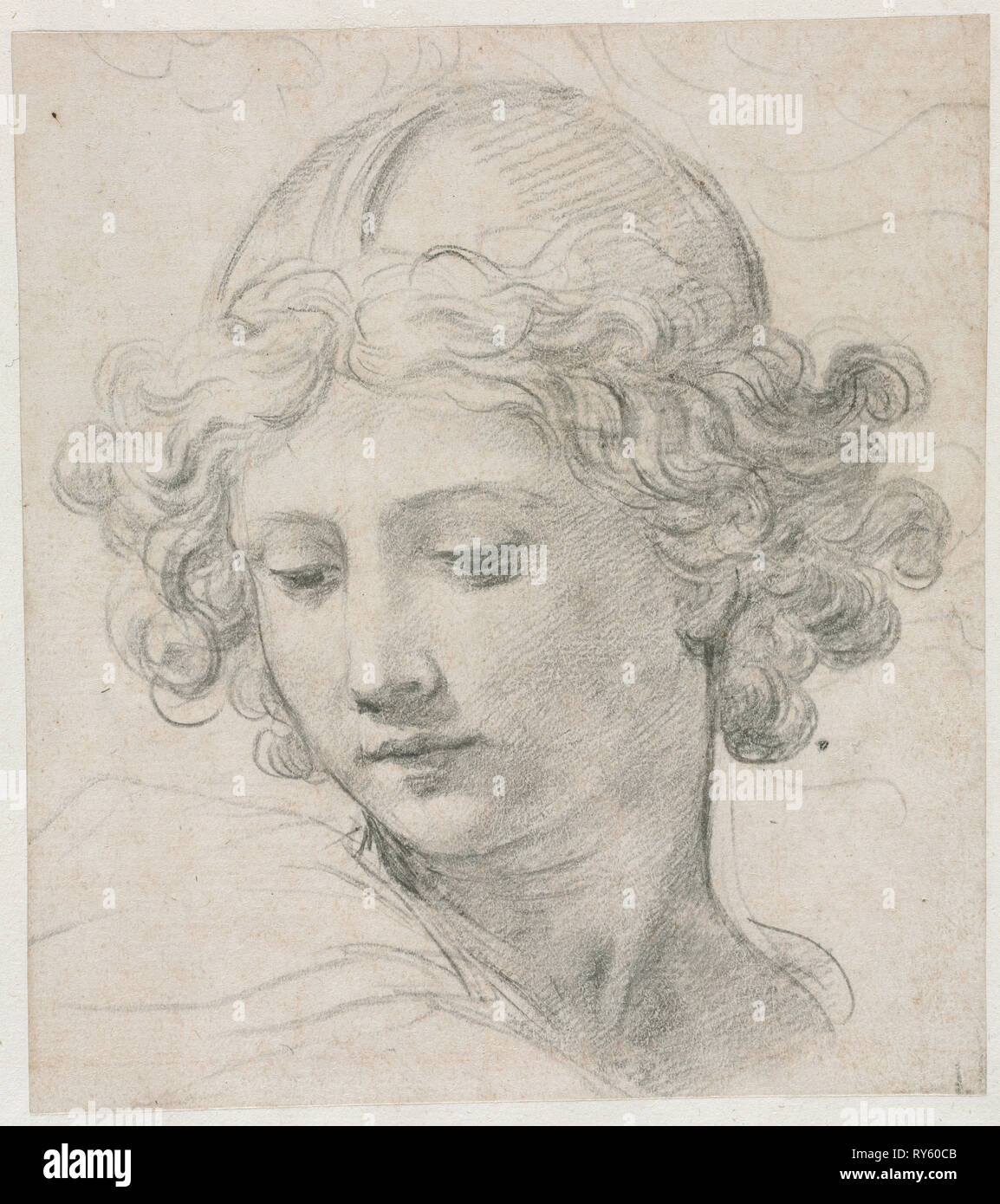Study for the Head of St. Michael, 1633. Pietro da Cortona (Italian, 1596-1669). Black chalk; sheet: 19 x 16.8 cm (7 1/2 x 6 5/8 in.); secondary support: 31.9 x 27.6 cm (12 9/16 x 10 7/8 in Stock Photo